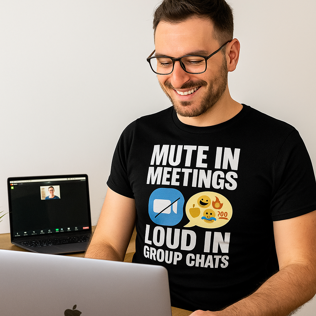 Mute in Meetings, Loud in Group Chats T-Shirt – Funny Work From Home Zoom Tee, Unisex Fit