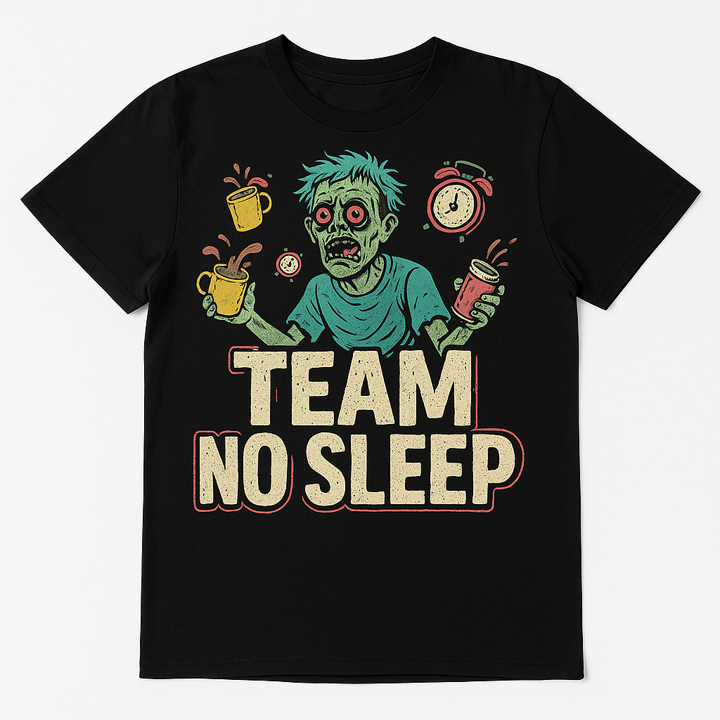 Team No Sleep T-Shirt – Funny Caffeine Addict & Overworked Zombie Humor Tee, Unisex Fit