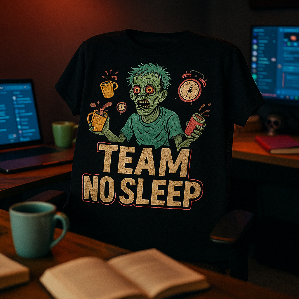Team No Sleep T-Shirt – Funny Caffeine Addict & Overworked Zombie Humor Tee, Unisex Fit