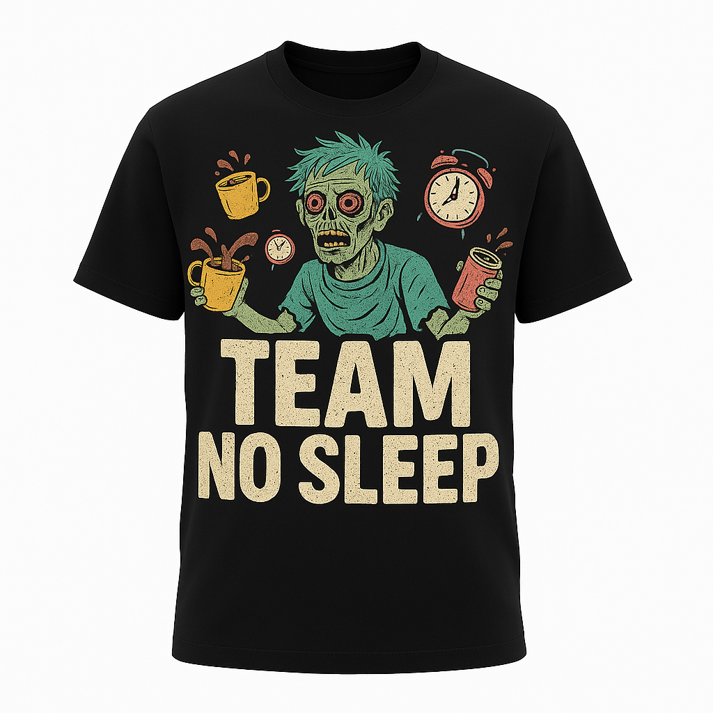 Team No Sleep T-Shirt – Funny Caffeine Addict & Overworked Zombie Humor Tee, Unisex Fit