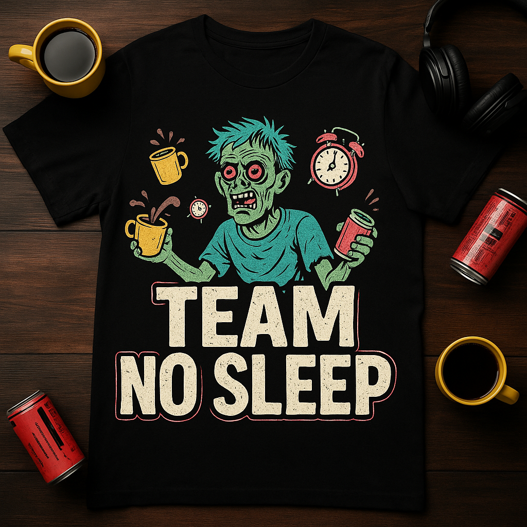 Team No Sleep T-Shirt – Funny Caffeine Addict & Overworked Zombie Humor Tee, Unisex Fit
