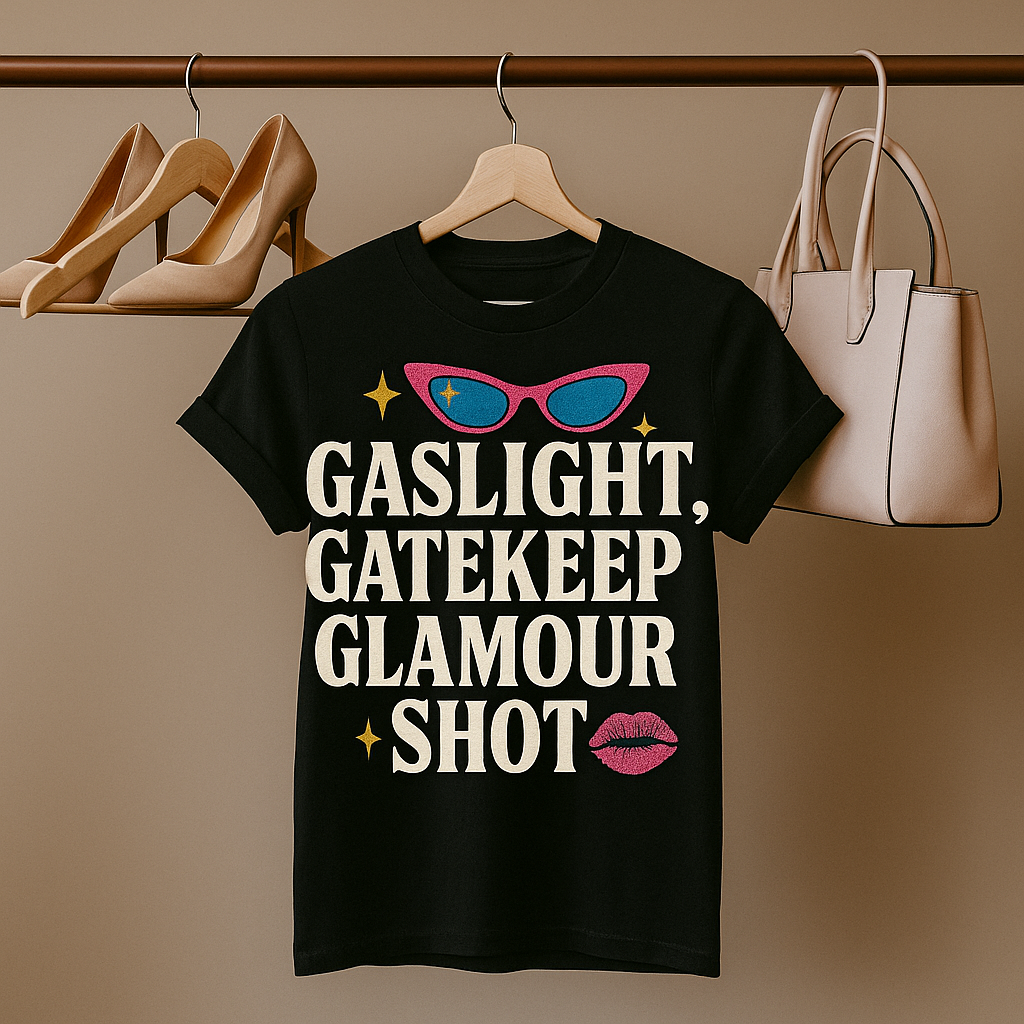Gaslight, Gatekeep, Glamour Shot T-Shirt – Funny Feminist Pop Culture Tee with Retro Sass, Unisex Fit