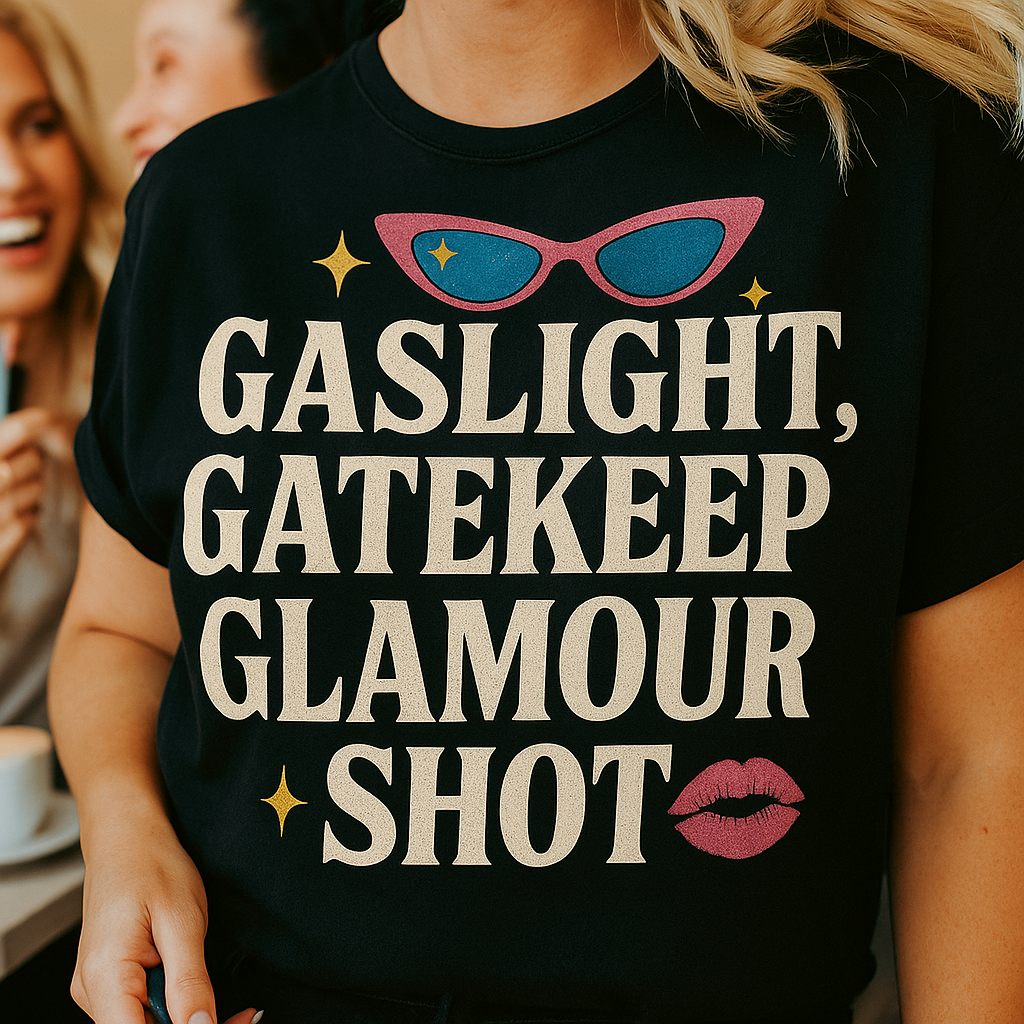 Gaslight, Gatekeep, Glamour Shot T-Shirt – Funny Feminist Pop Culture Tee with Retro Sass, Unisex Fit