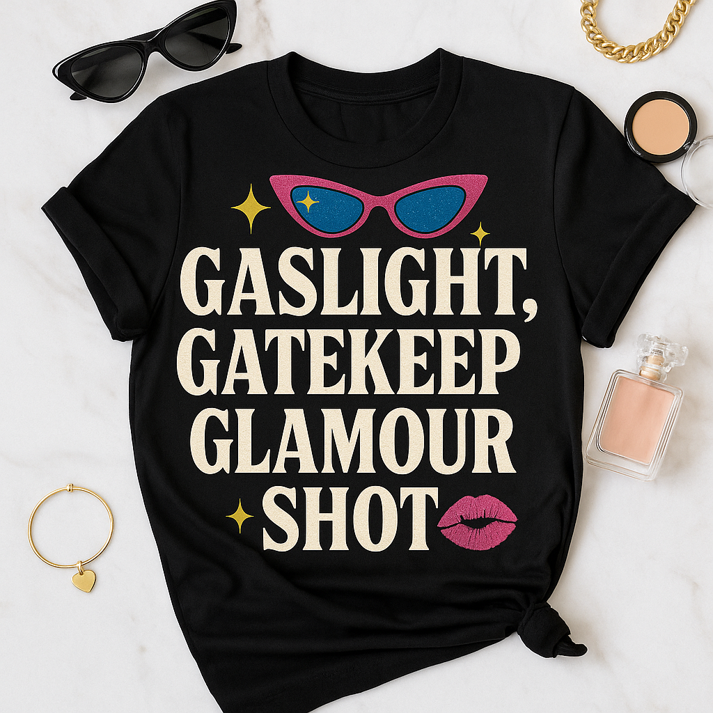 Gaslight, Gatekeep, Glamour Shot T-Shirt – Funny Feminist Pop Culture Tee with Retro Sass, Unisex Fit