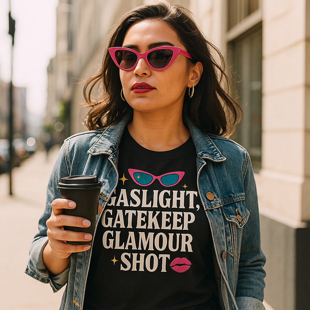 Gaslight, Gatekeep, Glamour Shot T-Shirt – Funny Feminist Pop Culture Tee with Retro Sass, Unisex Fit