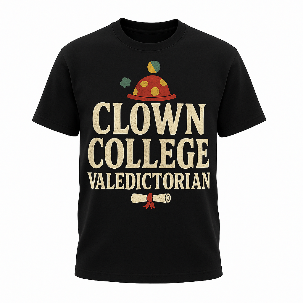 Clown College Valedictorian T-Shirt – Funny Self-Deprecating Humor Tee, Internet Meme Style, Unisex Fit