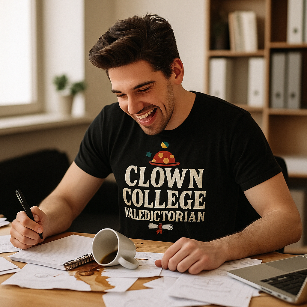 Clown College Valedictorian T-Shirt – Funny Self-Deprecating Humor Tee, Internet Meme Style, Unisex Fit