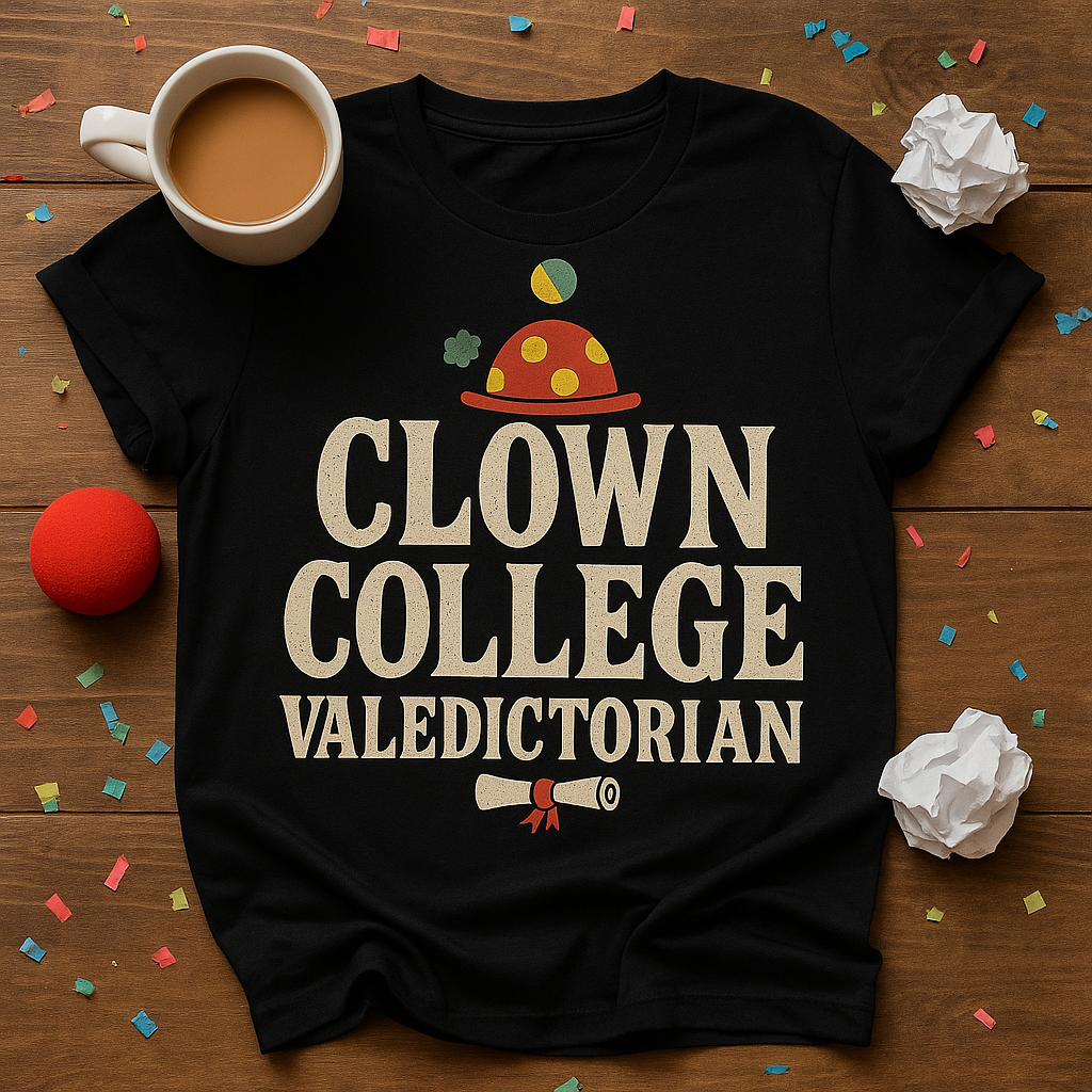 Clown College Valedictorian T-Shirt – Funny Self-Deprecating Humor Tee, Internet Meme Style, Unisex Fit