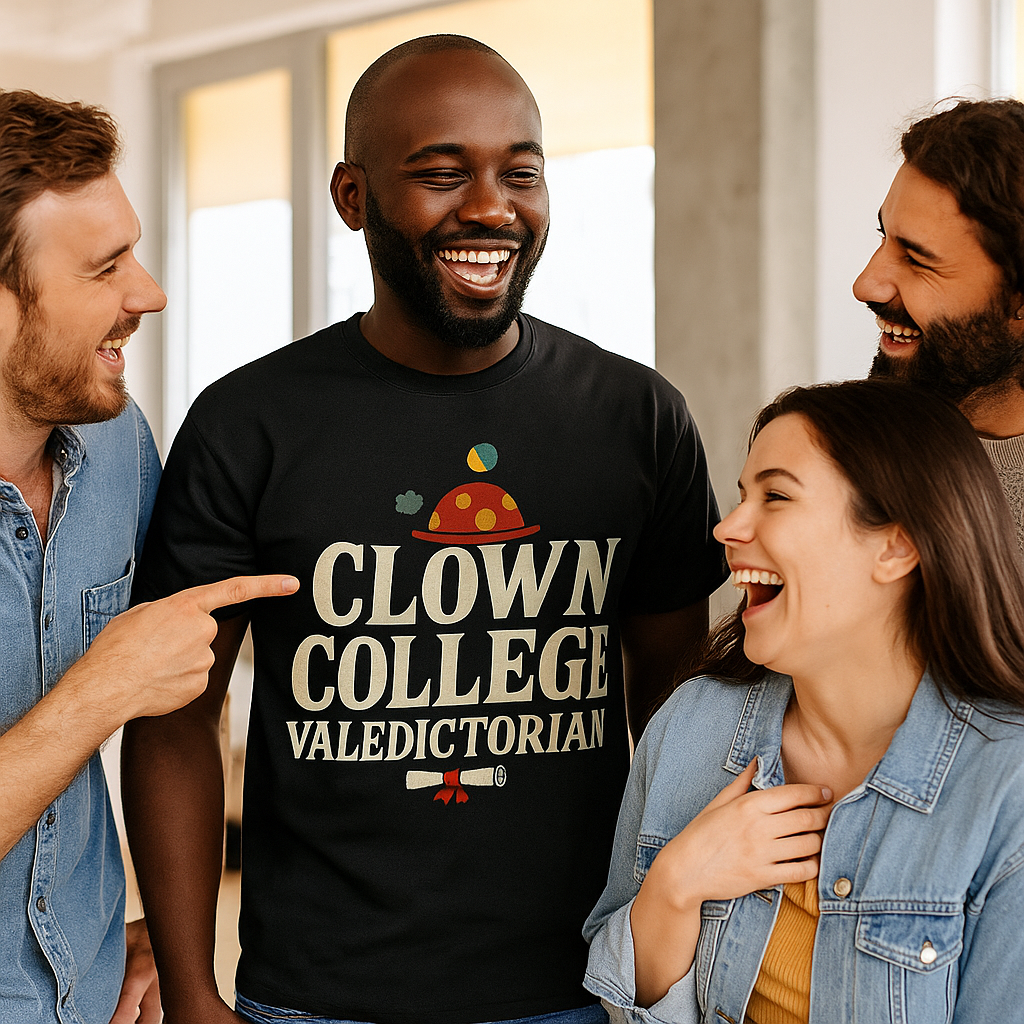 Clown College Valedictorian T-Shirt – Funny Self-Deprecating Humor Tee, Internet Meme Style, Unisex Fit