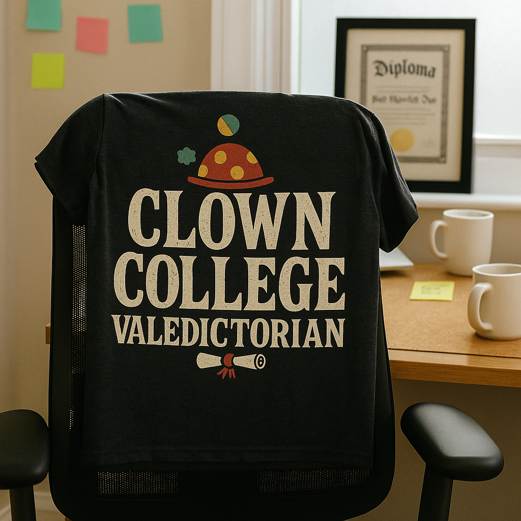 Clown College Valedictorian T-Shirt – Funny Self-Deprecating Humor Tee, Internet Meme Style, Unisex Fit