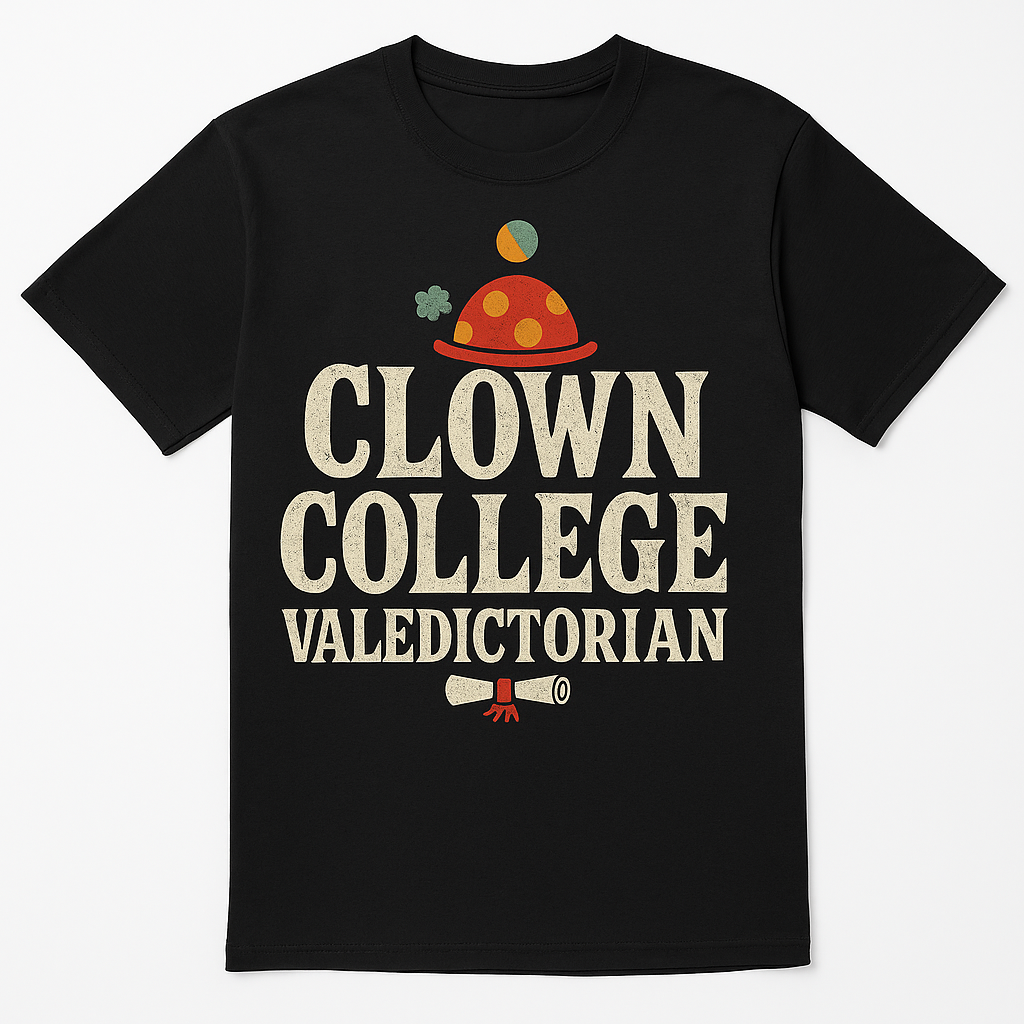 Clown College Valedictorian T-Shirt – Funny Self-Deprecating Humor Tee, Internet Meme Style, Unisex Fit