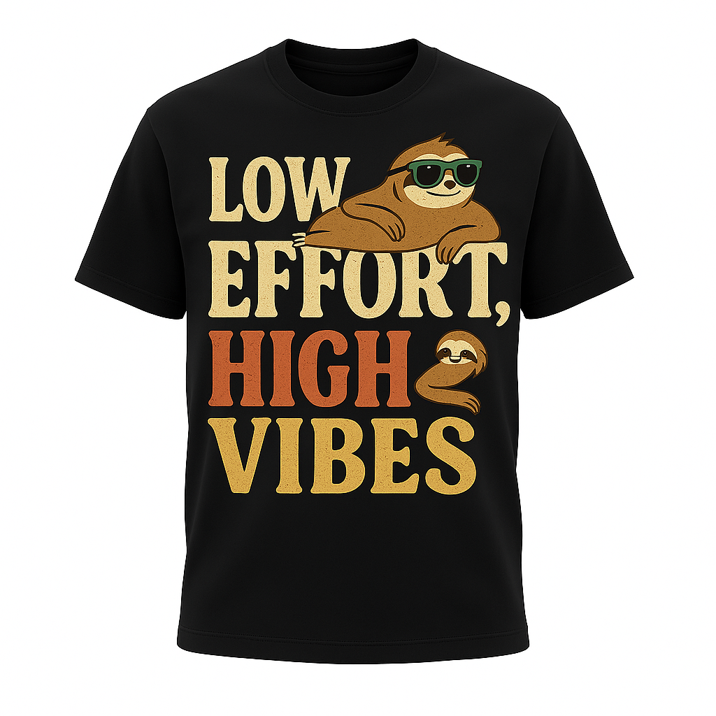 Low Effort, High Vibes T-Shirt – Funny Sloth Lazy Day Tee, Chill Retro Humor Shirt, Unisex Fit