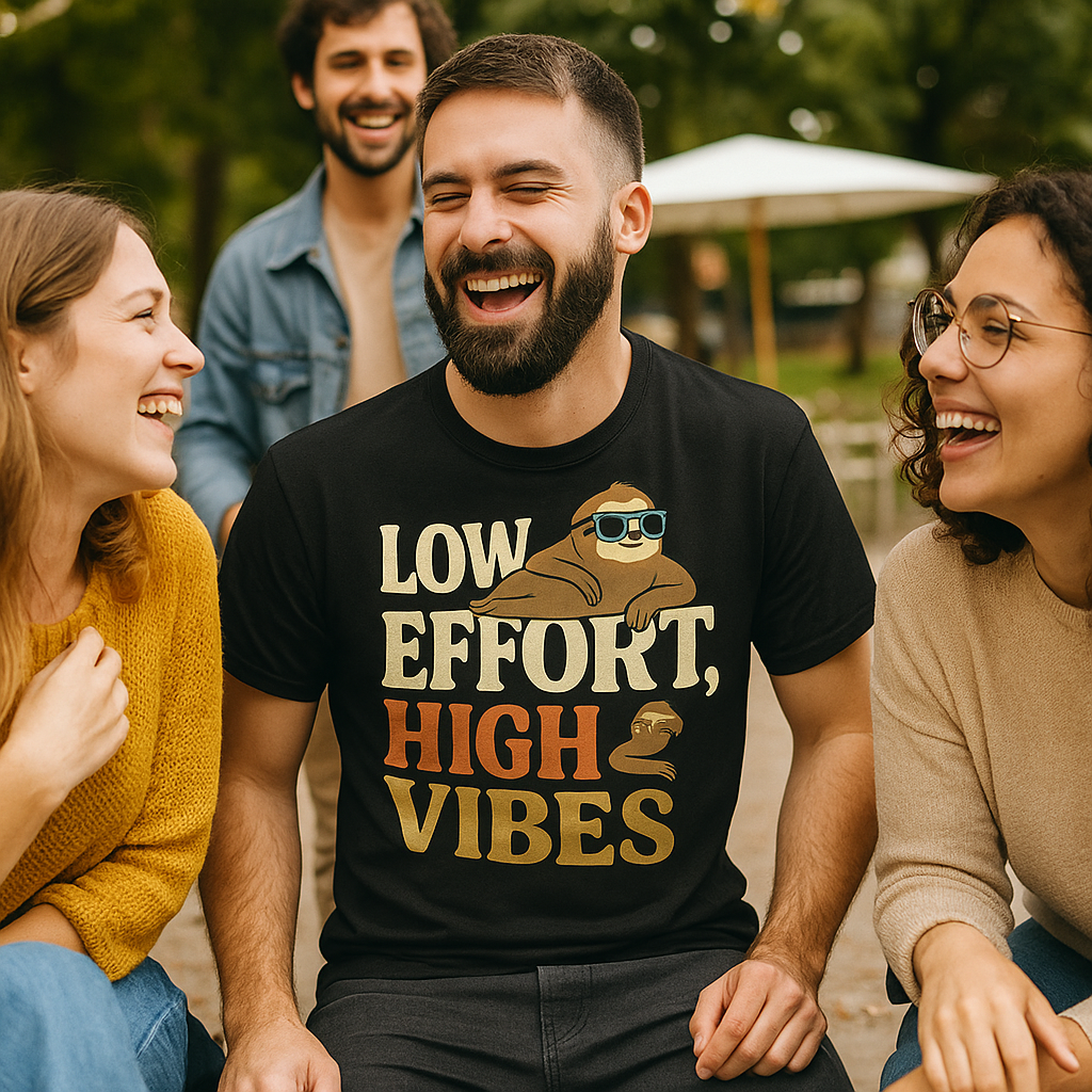 Low Effort, High Vibes T-Shirt – Funny Sloth Lazy Day Tee, Chill Retro Humor Shirt, Unisex Fit