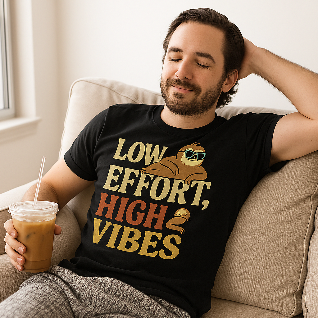 Low Effort, High Vibes T-Shirt – Funny Sloth Lazy Day Tee, Chill Retro Humor Shirt, Unisex Fit
