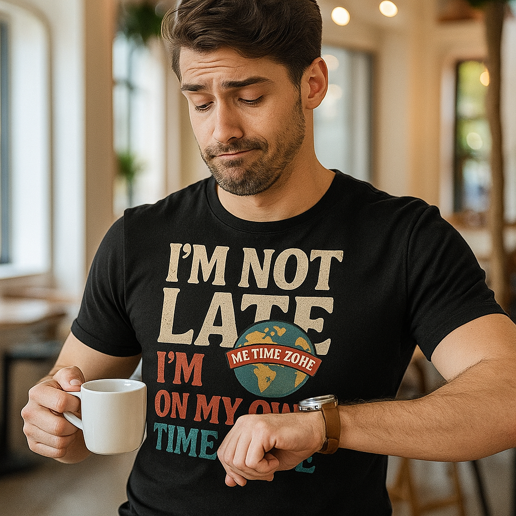 I’m Not Late, I’m On My Own Time Zone T-Shirt – Funny Chronically Late Humor Tee, Retro Travel Vibes, Unisex Fit
