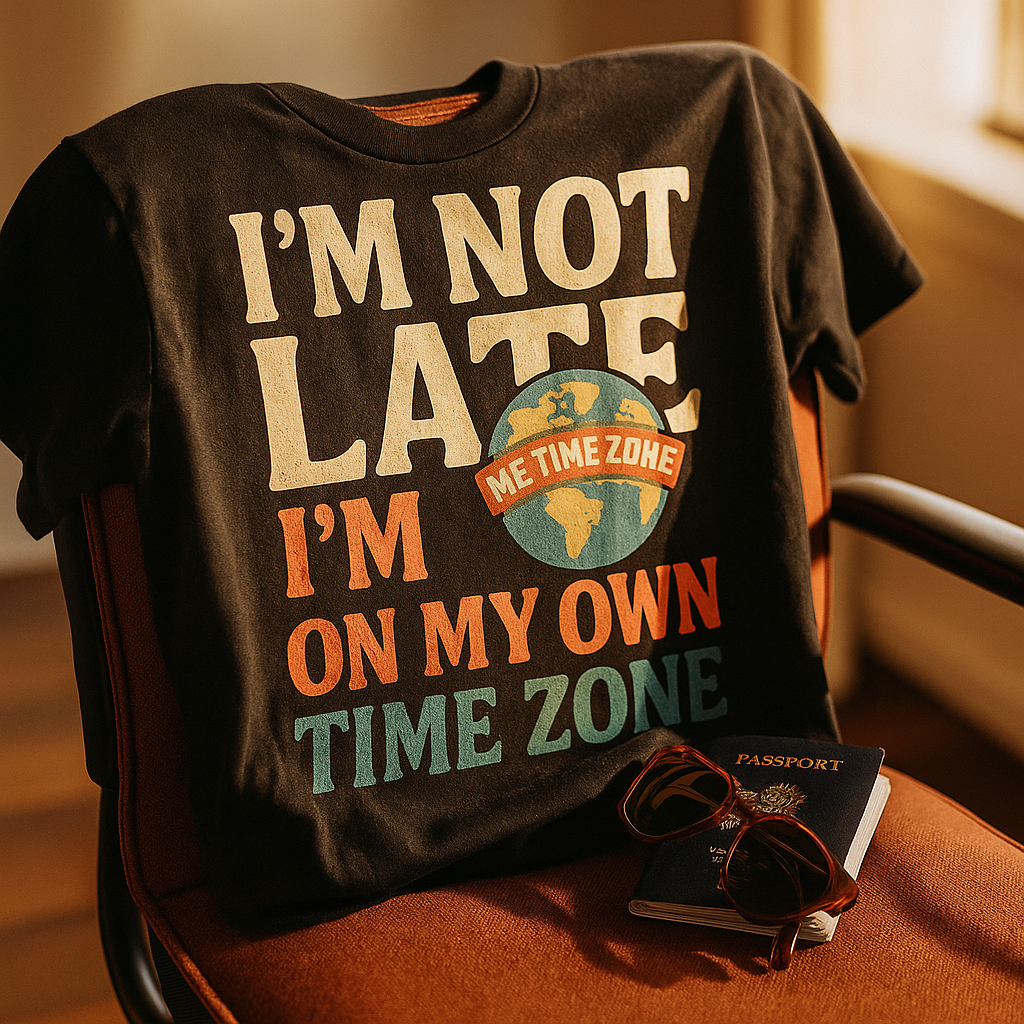 I’m Not Late, I’m On My Own Time Zone T-Shirt – Funny Chronically Late Humor Tee, Retro Travel Vibes, Unisex Fit