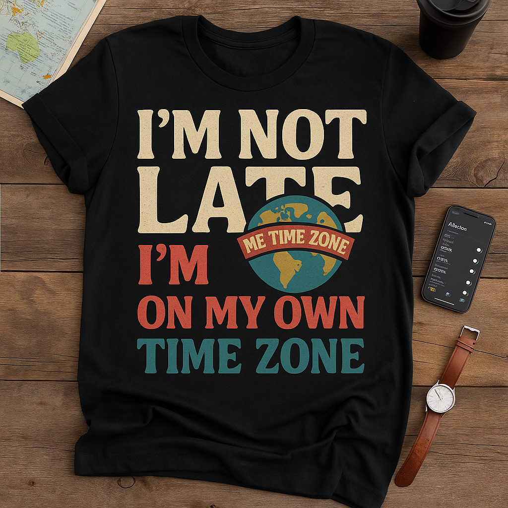 I’m Not Late, I’m On My Own Time Zone T-Shirt – Funny Chronically Late Humor Tee, Retro Travel Vibes, Unisex Fit