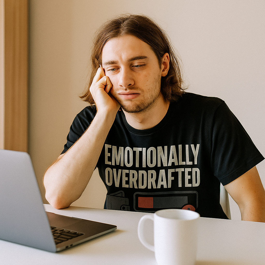 Emotionally Overdrafted T-Shirt – Funny Mental Health & Self-Aware Humor Tee, Burnout & Exhaustion Shirt, Unisex Fit