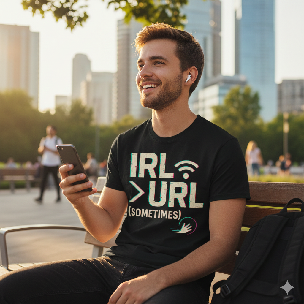 IRL > URL (Sometimes) T-Shirt – Funny Internet vs Reality Tee for Gamers & Digital Natives, Unisex Fit