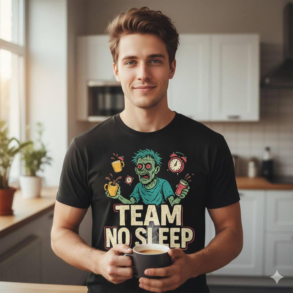 Team No Sleep T-Shirt – Funny Caffeine Addict & Overworked Zombie Humor Tee, Unisex Fit