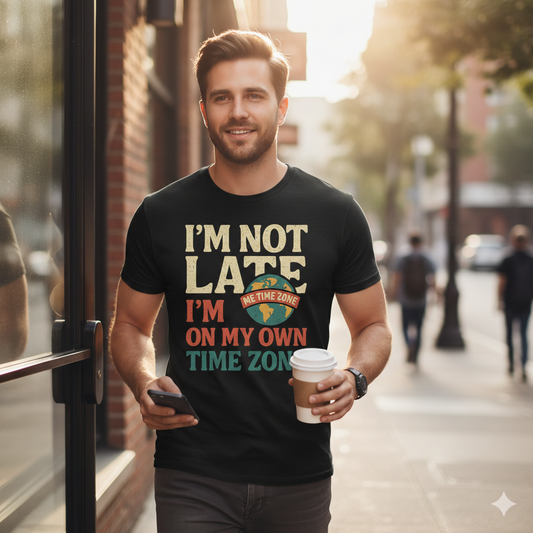 I’m Not Late, I’m On My Own Time Zone T-Shirt – Funny Chronically Late Humor Tee, Retro Travel Vibes, Unisex Fit