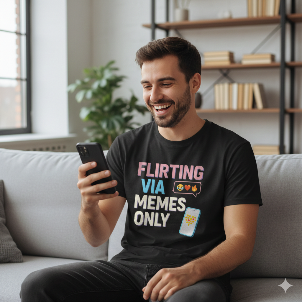 Flirting Via Memes Only T-Shirt – Funny Internet Dating & Texting Humor Tee, Modern Romance Shirt, Unisex Fit