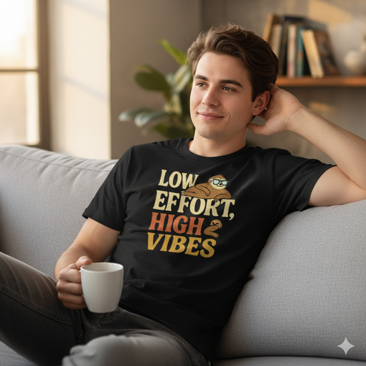 Low Effort, High Vibes T-Shirt – Funny Sloth Lazy Day Tee, Chill Retro Humor Shirt, Unisex Fit