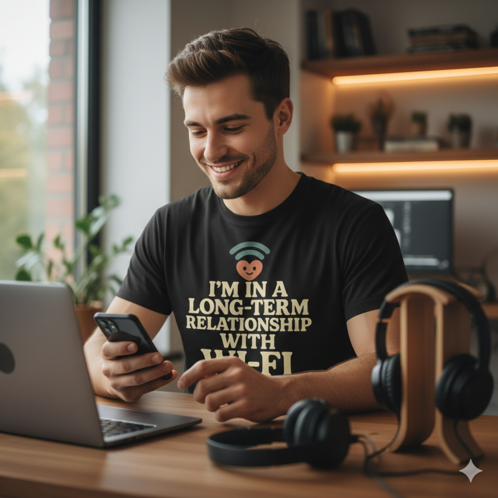 I’m In a Long-Term Relationship with Wi-Fi T-Shirt – Funny Tech Lover & Internet Humor Tee, Unisex Fit