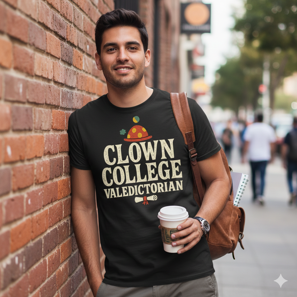Clown College Valedictorian T-Shirt – Funny Self-Deprecating Humor Tee, Internet Meme Style, Unisex Fit
