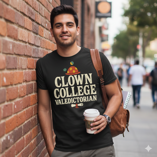 Clown College Valedictorian T-Shirt – Funny Self-Deprecating Humor Tee, Internet Meme Style, Unisex Fit