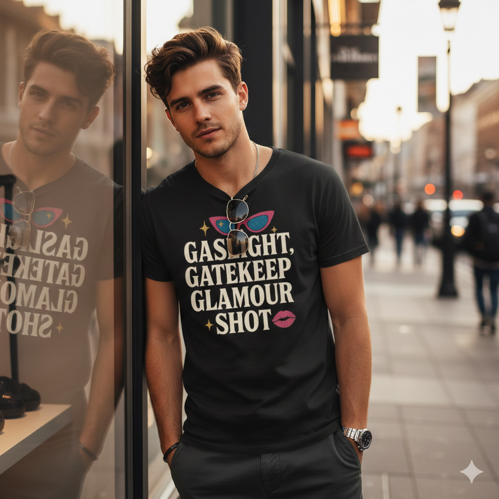Gaslight, Gatekeep, Glamour Shot T-Shirt – Funny Feminist Pop Culture Tee with Retro Sass, Unisex Fit