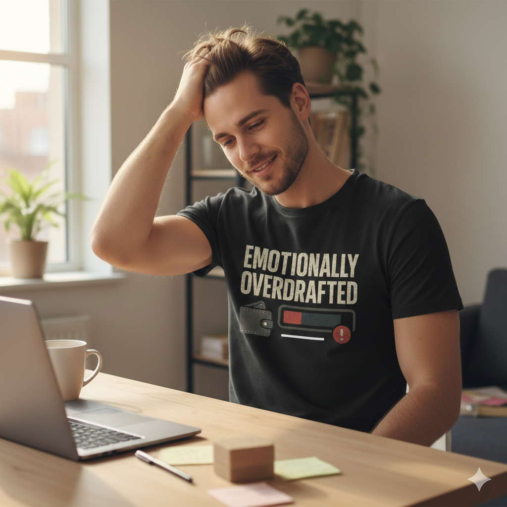 Emotionally Overdrafted T-Shirt – Funny Mental Health & Self-Aware Humor Tee, Burnout & Exhaustion Shirt, Unisex Fit