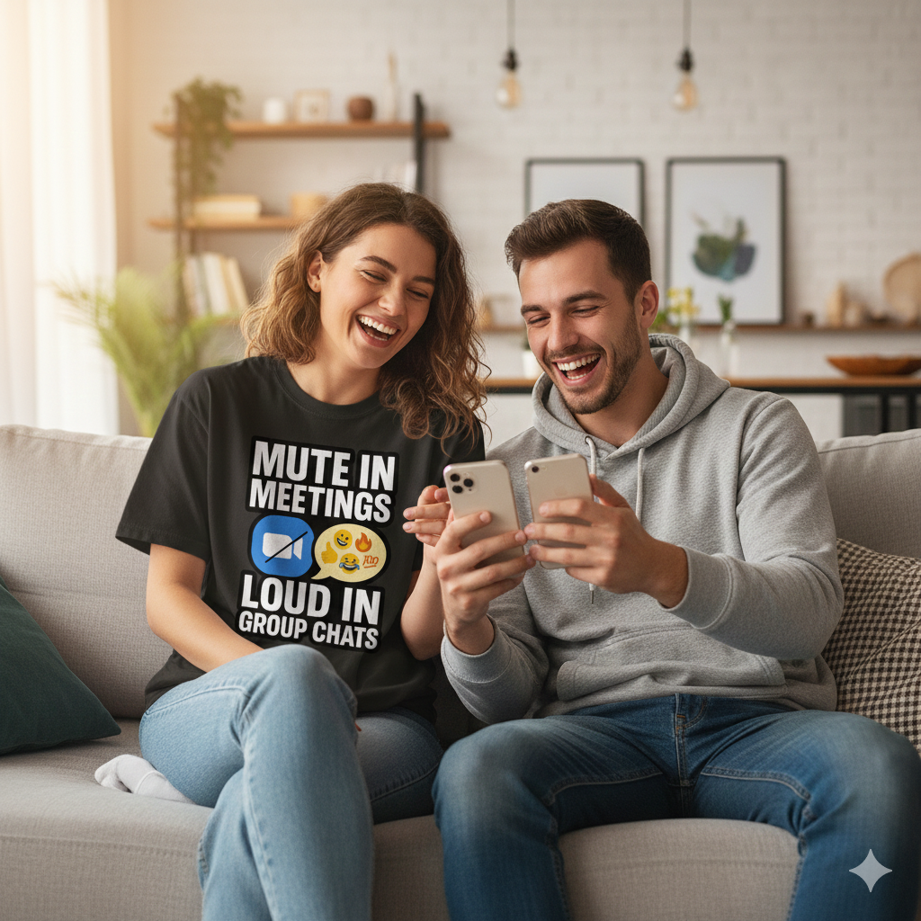 Mute in Meetings, Loud in Group Chats T-Shirt – Funny Work From Home Zoom Tee, Unisex Fit