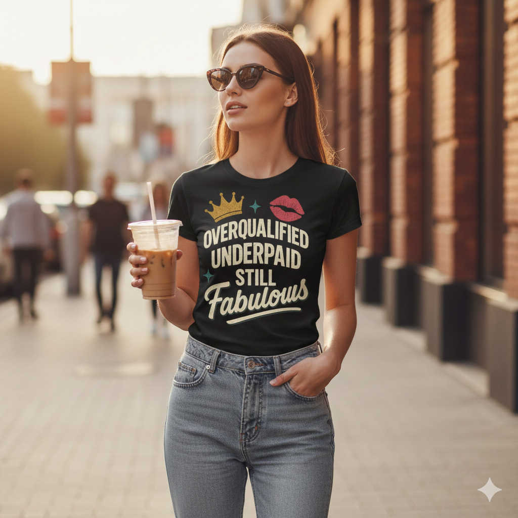 Overqualified, Underpaid, Still Fabulous T-Shirt – Funny Work & Confidence Tee for Women & Men, Unisex Fit