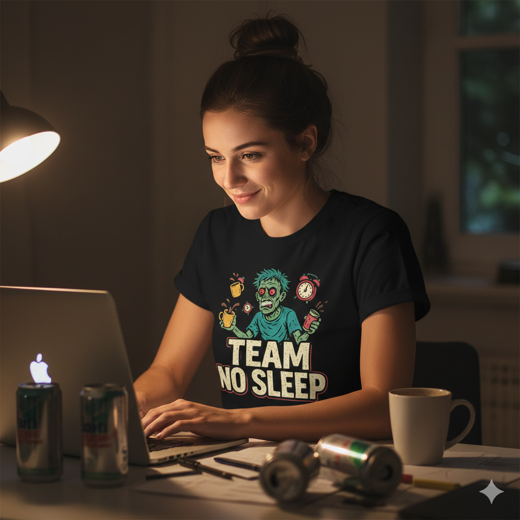 Team No Sleep T-Shirt – Funny Caffeine Addict & Overworked Zombie Humor Tee, Unisex Fit