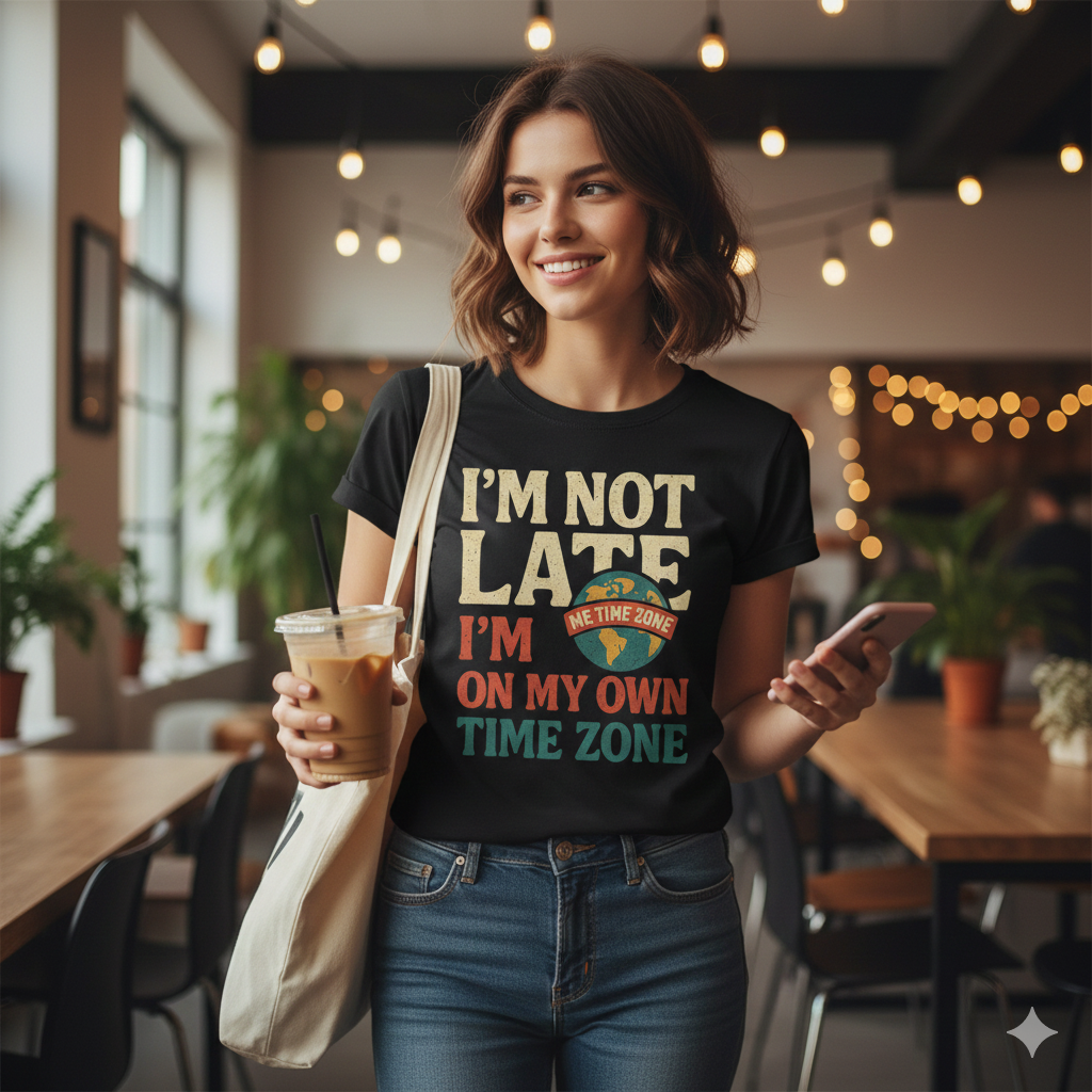 I’m Not Late, I’m On My Own Time Zone T-Shirt – Funny Chronically Late Humor Tee, Retro Travel Vibes, Unisex Fit