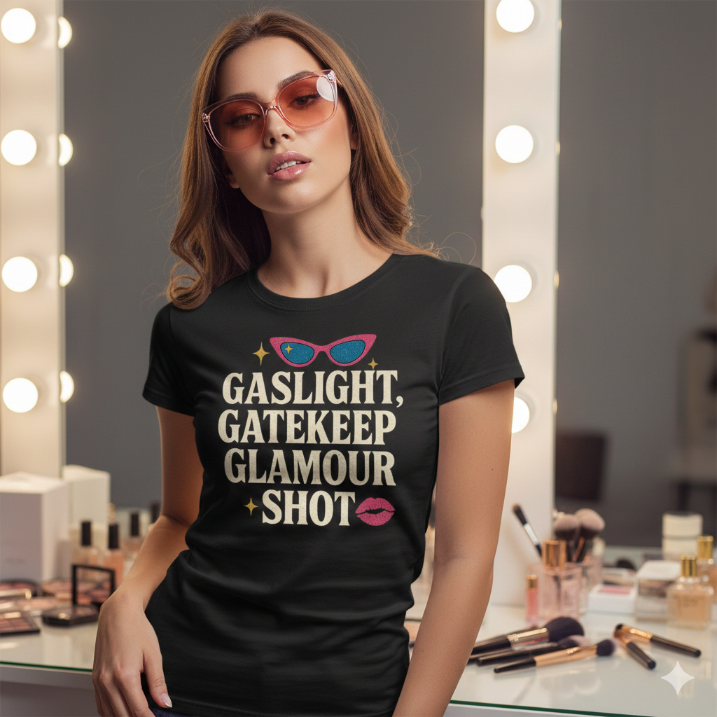 Gaslight, Gatekeep, Glamour Shot T-Shirt – Funny Feminist Pop Culture Tee with Retro Sass, Unisex Fit