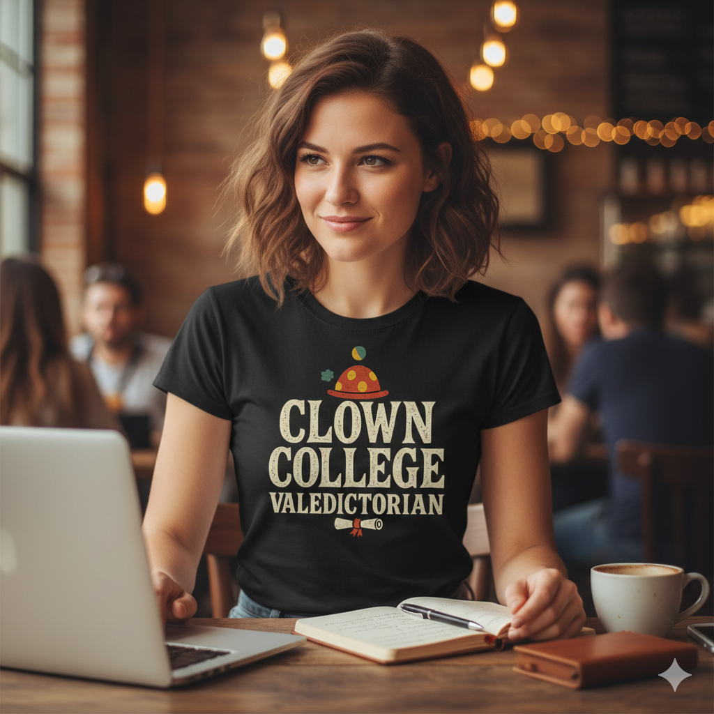 Clown College Valedictorian T-Shirt – Funny Self-Deprecating Humor Tee, Internet Meme Style, Unisex Fit